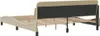 A rear view of a beige fabric bed frame with a black headboard and wooden slats, shown against a white background. Náhled obrázku produktu