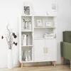 A white sideboard with two doors and open shelves, decorated with vases and books. Produktbild-Vorschau