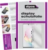 A collage of images showing instructions for applying a screen protector and the screen protector itself on a phone. Produktbild-Vorschau