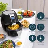 A Princess digital air fryer is shown on a table with various food items, surrounded by feature icons and text. Produktbild-Vorschau