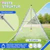 An A-frame swing set structure with a swing hanging from it, set on a grassy lawn with a blurred background of trees and sky. Text overlays highlight features. Produktbild-Vorschau