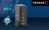 A black Feegar tower USB charging station is shown on a blue background with marketing text and graphics. Produktbild-Vorschau