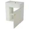 A white bathroom vanity cabinet with a sink on top, one door is open revealing shelves inside. Voir les images du produit