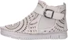 A side view of a white ankle boot with intricate cut-out patterns and a buckle strap. Anteprima dell’immagine prodotto