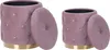 Two pink velvet storage ottomans with gold bases and tufted details, one with its lid open. Náhled obrázku produktu