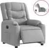 A light gray fabric recliner chair with a footrest extended and a diagram showing its reclining function. Produktbild-Vorschau