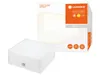 A product shot of a white LED ceiling light and its packaging. Produktbild-Vorschau