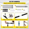 An instructional diagram showing how to set up a poster stand, with four steps illustrated. Each step has a picture and accompanying text. Produktbild-Vorschau