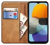 A book-style phone case is shown open, revealing card slots and banknotes on the left, and a smartphone on the right. Podgląd zdjęcia produktu