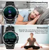A split image showing a smartwatch with sleep tracking and stress test features, with corresponding lifestyle shots of a person sleeping and meditating. Produktbild-Vorschau