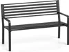 A black metal park bench with a slatted seat and backrest, shown from a front-facing angle on a white background. Produktbild-Vorschau