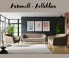 A living room setting with a couch and two armchairs, featuring artwork on the wall and large windows. Produktbild-Vorschau
