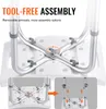 Close-up view of the base of a shower chair, highlighting its tool-free assembly mechanism and adjustable height feature. Podgląd zdjęcia produktu