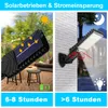 A split image showing a solar-powered LED lamp charging in sunlight on the left and mounted on a wall at night on the right, with text overlays indicating features and benefits. Produktbild-Vorschau