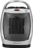 A silver and black electric heater with a mesh front and a handle on top. Voir les images du produit