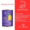 A can of mango pulp is shown next to a red background with text listing recipe ideas. Náhľad obrázku produktu
