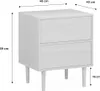 A white bedside table with two drawers and wooden legs, with dimensions indicated by arrows and text. Anteprima dell’immagine prodotto