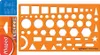 An orange drawing stencil with various geometric shapes cut out, placed on a white background. A portion of the product packaging is visible on the left. Anteprima dell’immagine prodotto