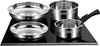 A set of stainless steel cookware is displayed on a black surface, likely a stovetop. Anteprima dell’immagine prodotto