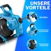 A close-up marketing image of a blue and black drain cleaning machine with text overlays highlighting its features. Produktbild-Vorschau