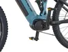 A close-up view of the mid-drive motor and crankset of a teal and black electric mountain bike. Produktbild-Vorschau