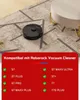 A black robot vacuum cleaner is shown on a rug next to a round table. A red overlay at the bottom lists compatible Roborock vacuum cleaner models. Produktbild-Vorschau