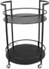 A black metal serving cart with two shelves and wheels, shown from the front. Produktbild-Vorschau