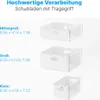 Three different sizes of white plastic drawers with transparent fronts are displayed, each labeled with its dimensions. Produktbild-Vorschau