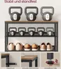 A multi-tiered shelf unit displaying kettlebells and shoes, with close-up insets showing product features. Produktbild-Vorschau