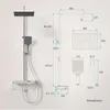 A technical drawing with dimensions of a shower system, alongside a photograph of the actual shower system. Anteprima dell’immagine prodotto