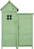 A light green wooden garden shed with a pitched roof and two doors, one with a small window. Náhled obrázku produktu