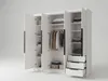 A white, four-door wardrobe with its doors open, revealing shelves, hanging clothes, and drawers. Produktbild-Vorschau