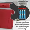 A collage showing a red cooler box and an illustration of its features. Produktbild-Vorschau