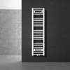 A white towel radiator is mounted on a dark tiled wall in a modern bathroom setting. Podgląd zdjęcia produktu
