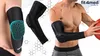 A collage of images showing black elbow pads, one with a blue hexagonal pattern overlay, and a man holding a basketball while wearing elbow pads. Produktbild-Vorschau