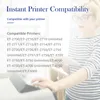 A woman in glasses and a striped shirt is holding a tablet and looking at a printer. The background has text about printer compatibility. Produktbild-Vorschau