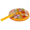 A wooden toy pizza with various toppings and a pizza cutter. Podgląd zdjęcia produktu