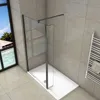 A modern bathroom with a walk-in shower, a window with a view of a tropical scene, and a heated towel rack. Produktbild-Vorschau