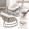 A rocking chair with a cream cushion is shown in two different angles, with close-ups of the cushion's material and the chair's frame. Anteprima dell’immagine prodotto
