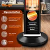 A close-up marketing image of a black infrared stand heater, highlighting its features with text overlays and icons. Podgląd zdjęcia produktu