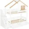 A white bunk bed with a house-shaped frame, a window, and stairs with drawers. Náhled obrázku produktu