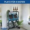A metal shelf unit holding four crates of bottles, with three bottles on the top shelf. Produktbild-Vorschau