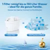 A graphic comparing a water filter to plastic water bottles, with text highlighting cost savings and environmental benefits. Produktbild-Vorschau