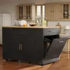 A modern kitchen with a black kitchen island featuring a trash bin compartment open, a toaster, and fruit on the countertop. Voir les images du produit