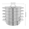 A multi-tiered stainless steel steamer pot with dimensions indicated. Podgląd zdjęcia produktu