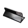 A black flip case for a smartphone is shown from a side angle, propped open to reveal the phone's camera array. Produktbild-Vorschau