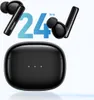 A pair of black wireless earbuds and their charging case are displayed against a white and light gray background, with large blue text indicating '24 hrs'. Produktbild-Vorschau