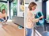 A split image showing a woman cleaning a floor with a mop and then filling a bucket with water. Produktbild-Vorschau