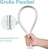 A hand is holding a flexible shower hose, demonstrating its flexibility with an inset close-up showing arrows indicating pressure. Produktbild-Vorschau