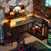 A modern gaming setup with an L-shaped desk, computer, gaming chair, and accessories, all illuminated by LED lighting. Anteprima dell’immagine prodotto